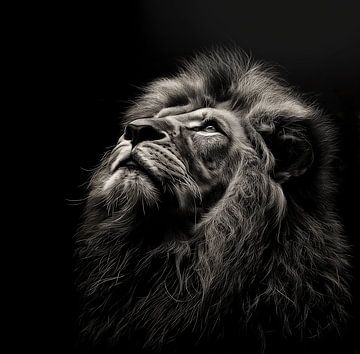 stunning dramatic portrait of a male lion looking upwards by Margriet Hulsker