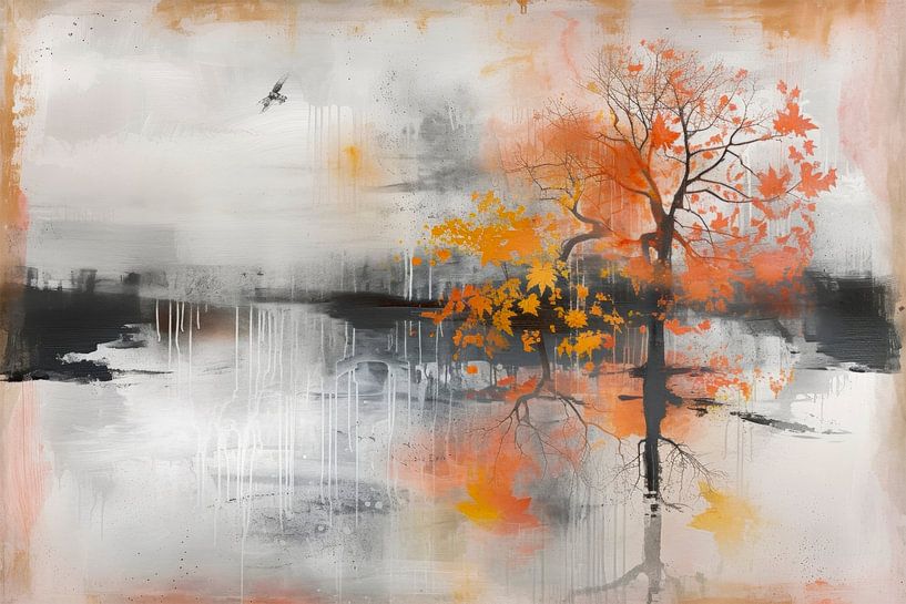 Abstrakt, Landschaft, Orange- und Grautöne, Herbst von BowiScapes Abstrakt und digitale Kunst