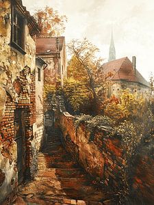 Alte Meister Stadt Gasse Ziegelmauern Kirche Herbst Kopfstein
