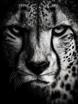 Gepard – Fokussierter Blick und gespannte Eleganz in Schwarzweiß
