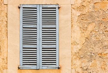 Vue détaillée de volets de fenêtre en bois gris vintage et fond de mur rustique sur Alex Winter