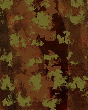 Modern abstract art in mustard green on rusty brown and terracotta by Dina Dankers
