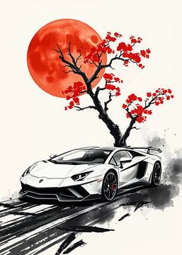Lamborghini Aventador Sumi-E Schilderij van MIROKKU