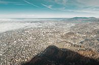 Luchtfoto over de stad Dornbirn, Oostenrijk in ochtendmist van Besa Art thumbnail