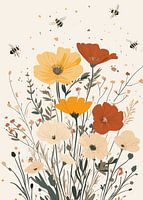 Bijen en wilde bloemen in een harmonieuze kleurencompositie