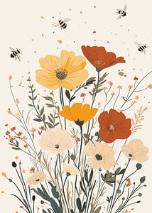 Bienen und Wildblumen in harmonischer Farbkomposition