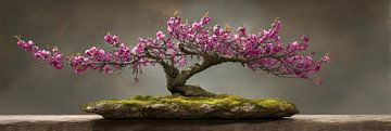 Bonsai met roze bloesem op rustieke sokkel stilleven panorama van Digitale Schilderijen