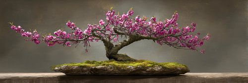Bonsai met roze bloesem op rustieke sokkel stilleven panorama
