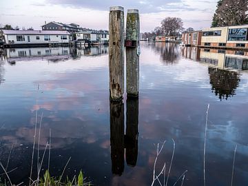 Lake poles mirror last light in bluish water by Jan Willem de Groot Photography