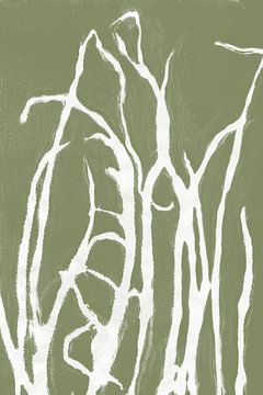 Wit gras in Japandi stijl. Moderne botanische kunst in pastel warm groen en wit. van Dina Dankers