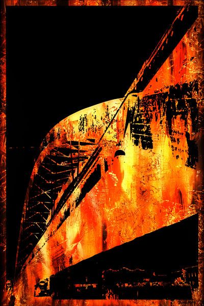 See-through Bridge V1, powerful black screen print over abstract warm and sunny background by Dennis Wils