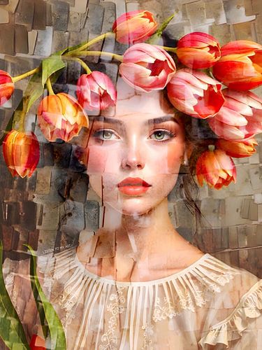 Spring girl | A portrait of a girl with tulips on her head.