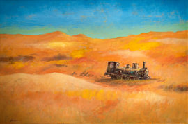 Verlassene Dampflokomotive in der Wüste – surrealistische Landschaft von Hans Sturris von Galerie Ringoot