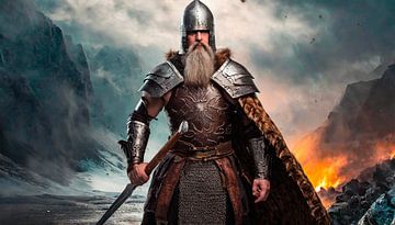 Vikingkrijger in het landschap van Mustafa Kurnaz