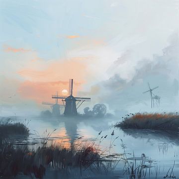 Hollands landschap mistige ochtend van Mel Digital Art