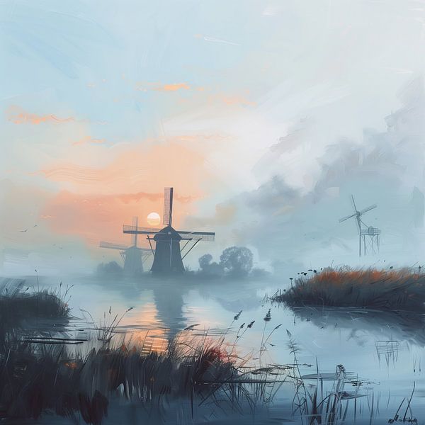 Niederländische Landschaft nebliger Morgen von Mel Digital Art