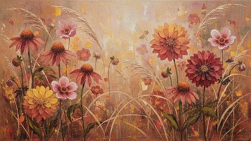 Sfeervol herfstschilderij: Bloemenborder bij zonsondergang