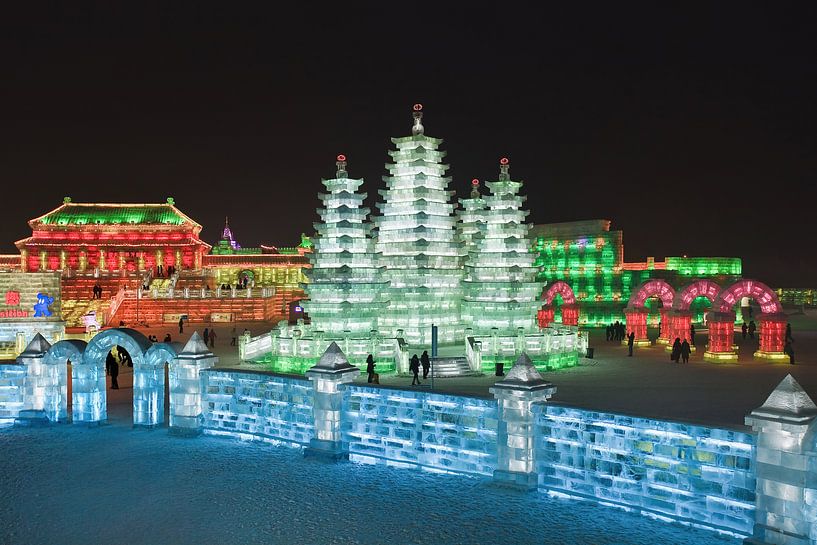 Night scene with Illuminated buildings made of ice blocks  by Tony Vingerhoets