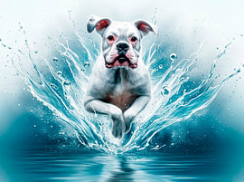 Weiße Boxer rennt durch das Wasser