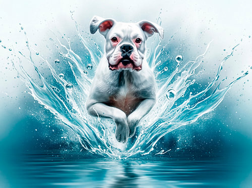 White boxer runs through the water