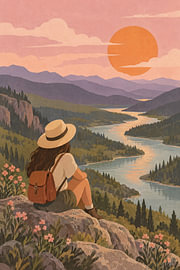 A walker wearing a hat, looking out over the river valley