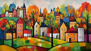 kleurig stadje in de herfst naïef van Jan Bechtum