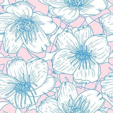 Blumen im Retro-Stil. Moderne abstrakte botanische Kunst. Pastellfarben hellblau und rosa von Dina Dankers