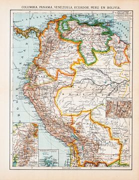 Vintage kaart Columbia. Panama, Venezuela, Ecuador, Peru en Bolivia van Studio Wunderkammer