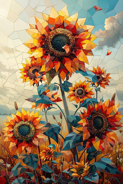 Colourful Geometric Sunflowers with Abstract Background by Poster Art Shop