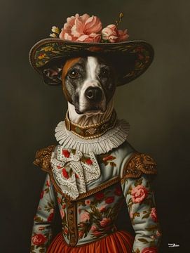 dog in Victorian dress