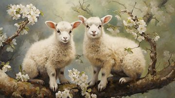 Two cute lambs sitting on a blossoming apple tree in spring by Animaflora PicsStock