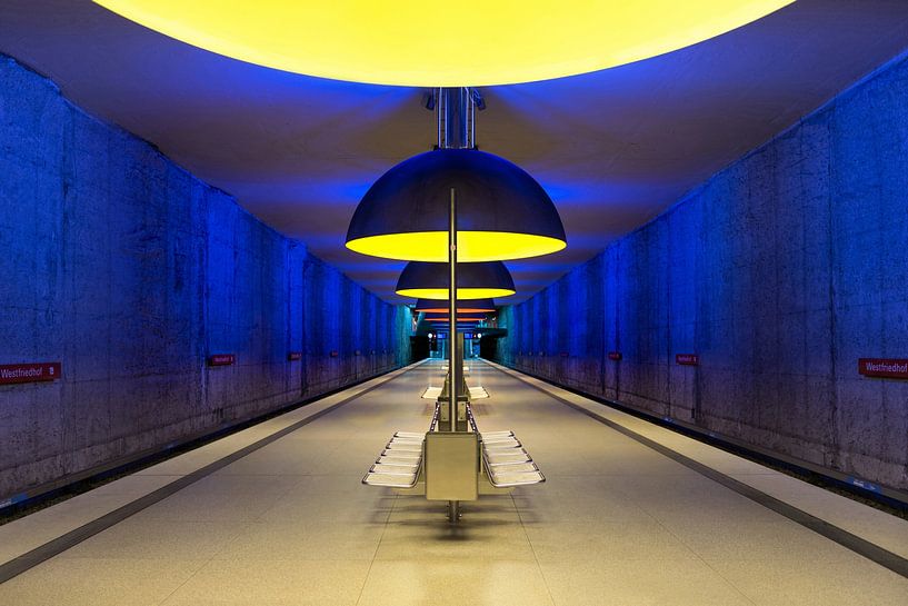 Munich Westfriedhof Underground Subway Station Platform with Vibrant Colors by Andreea Eva Herczegh