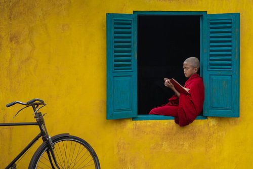 Een boek lezen in het raam kozijn