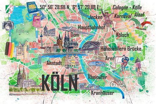 Cologne Germany Cologne Illustrated map with streets and tourist highlights