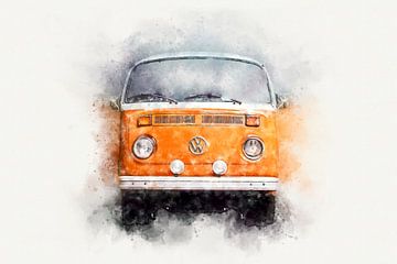 VW Bus T2 Hippie Vanlife in Oranje Waterverf van Andreea Eva Herczegh
