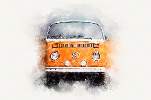 VW Bus T2 Hippie Vanlife in Orange Aquarell