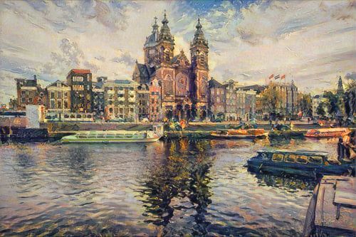 Klassiek schilderij Amsterdam: Centraal station Amsterdam in impressionistische stijl