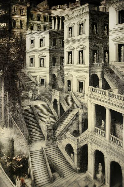 représentation graphique de maisons et d'escaliers par Egon Zitter