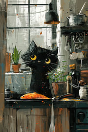 Neugierige schwarze Katze mit Lachs in der Küche von Erika Kaisersot