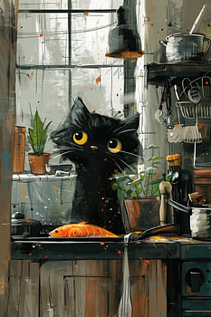 Neugierige schwarze Katze mit Lachs in der Küche