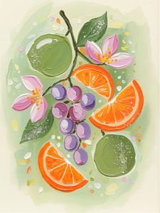 Moderne Abstraktion. Frisches Obst und Blüten in den Farben des Frühlings