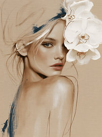 Orchid Muse | Frauenporträt mit weißer Orchidee in Beige
