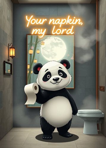 Uw servet, mijnheer – Rustige panda in de badkamer (cartoonillustratie)