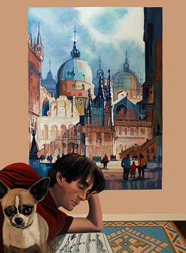 Thomas W. Schaller mit seinem Hund und seiner Malerei von Paul Meijering