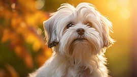 Nahaufnahmeporträt eines weißen Shih-Tzu-Hundes