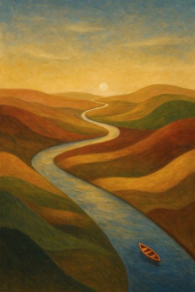 Kronkelende rivier door kleurrijke heuvels bij zonsondergang van Rudi Pratama