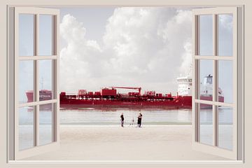 Schip op de Westerschelde gezien vanuit het raam (3D)