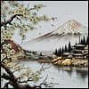 Mont Fuji, arbre en fleurs, temple et lac sur Hey Art!