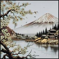 De berg Fuji, bloeiende bomen, tempel en meer