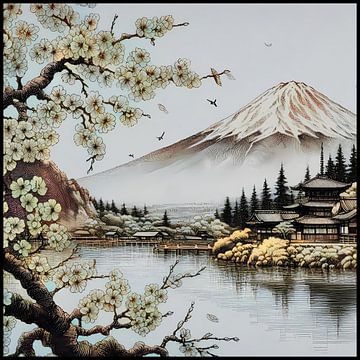 De berg Fuji, bloeiende bomen, tempel en meer van Hey Art!